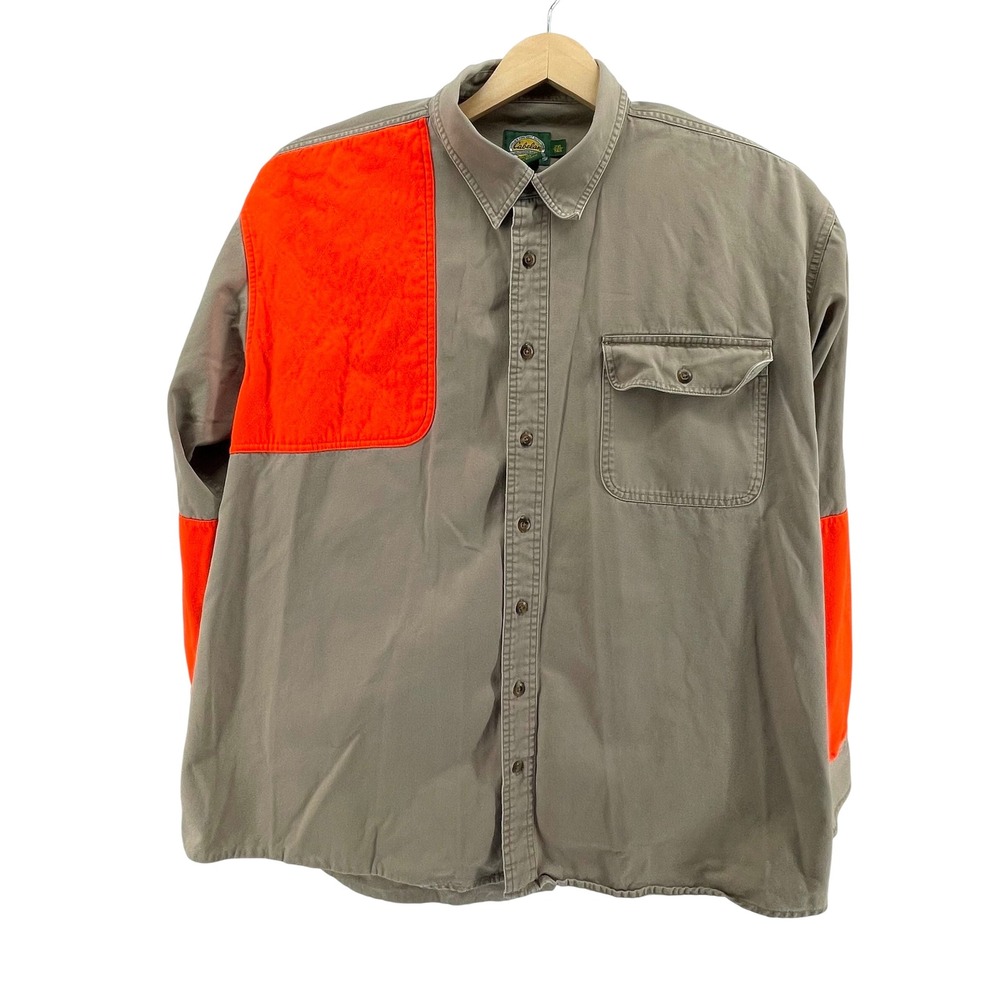 Cabelas Mens 2XL Tall Hunting Shooting Shirt Khaki Blaze Orange Cotton Canvas